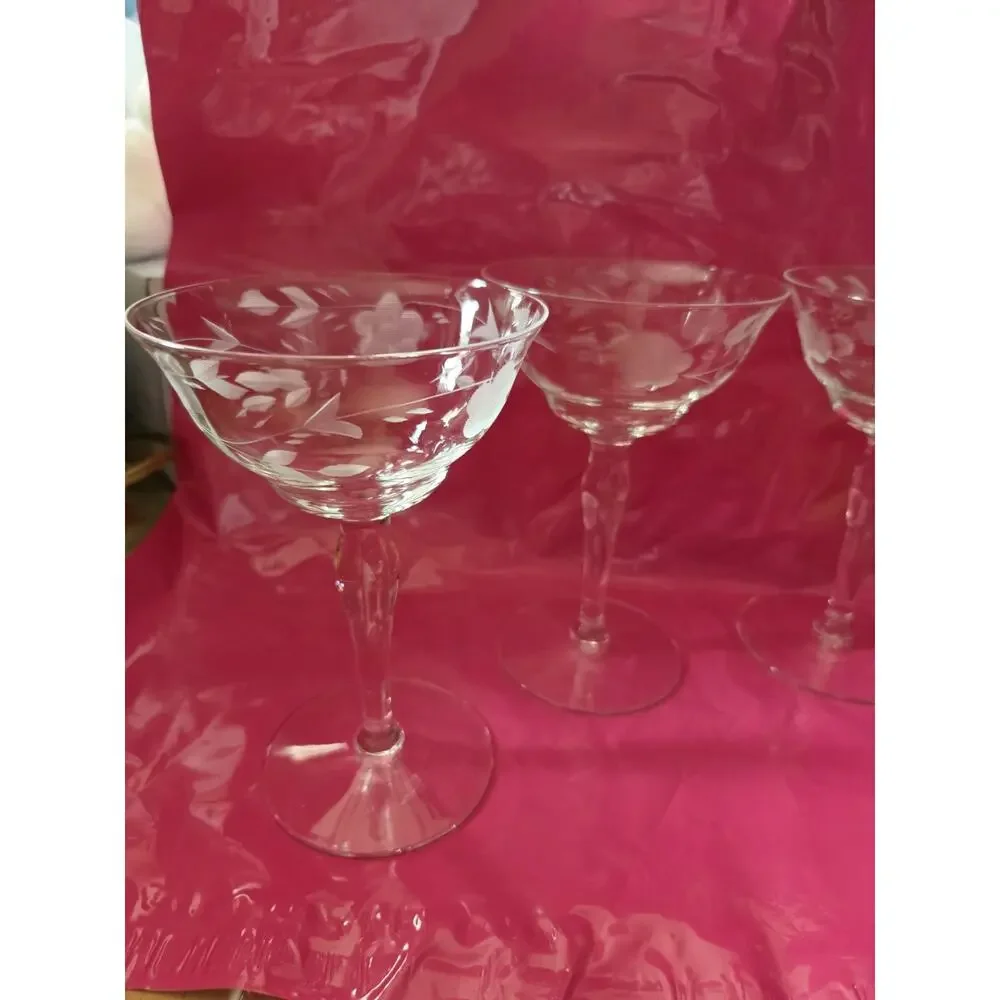 4 Libby Vintage Sherbert Glasses Clear Floral Etched Wine Glasses